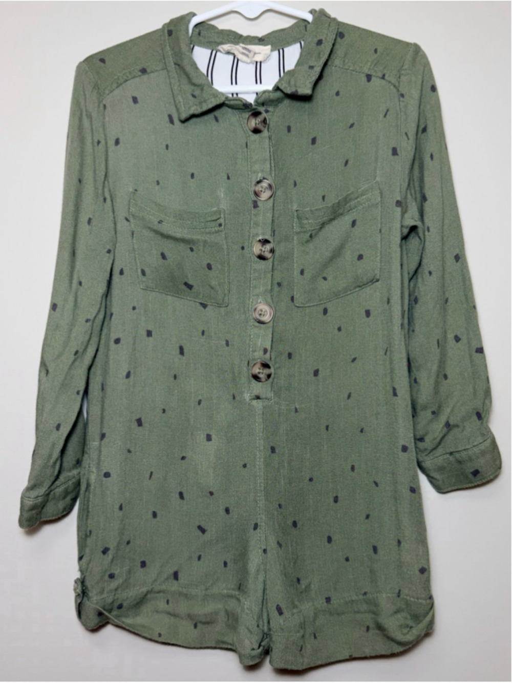 Jessica Simpson Olive Green Black Polka Dot Utility Romper